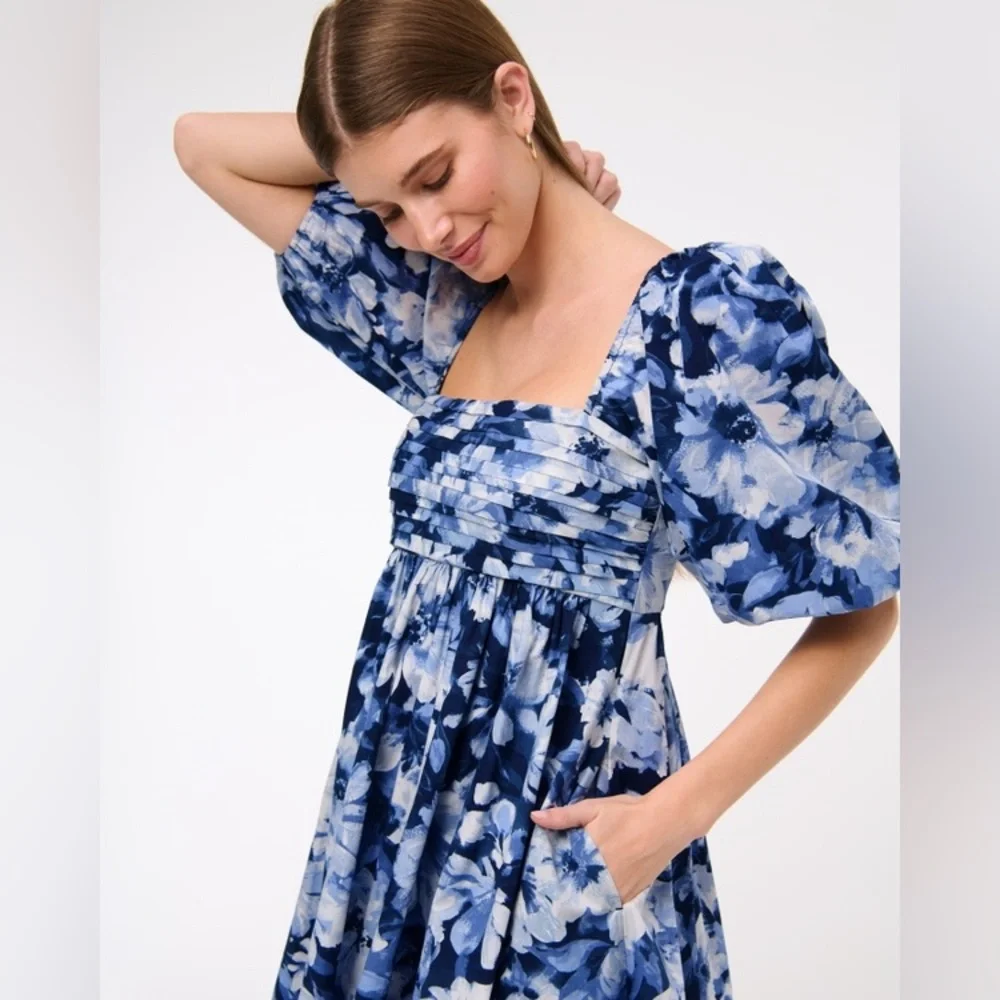 Abercrombie & Fitch Emerson Poplin Puff Sleeve Blue floral Mini Dress Sz XXS - Picture 5 of 14